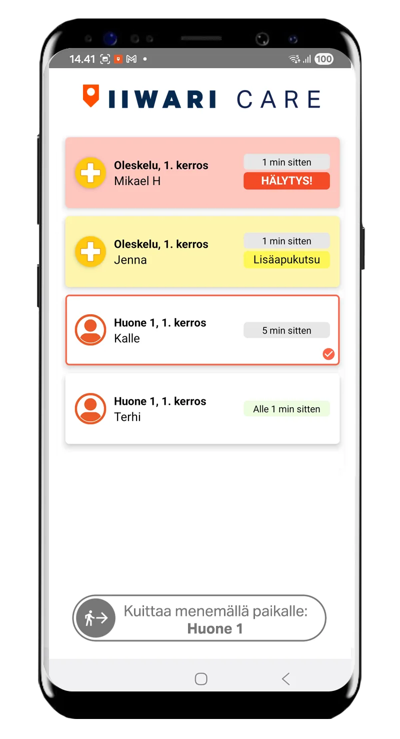 Iiwari Care -hoitajakutsut mobiilisovelluksessa