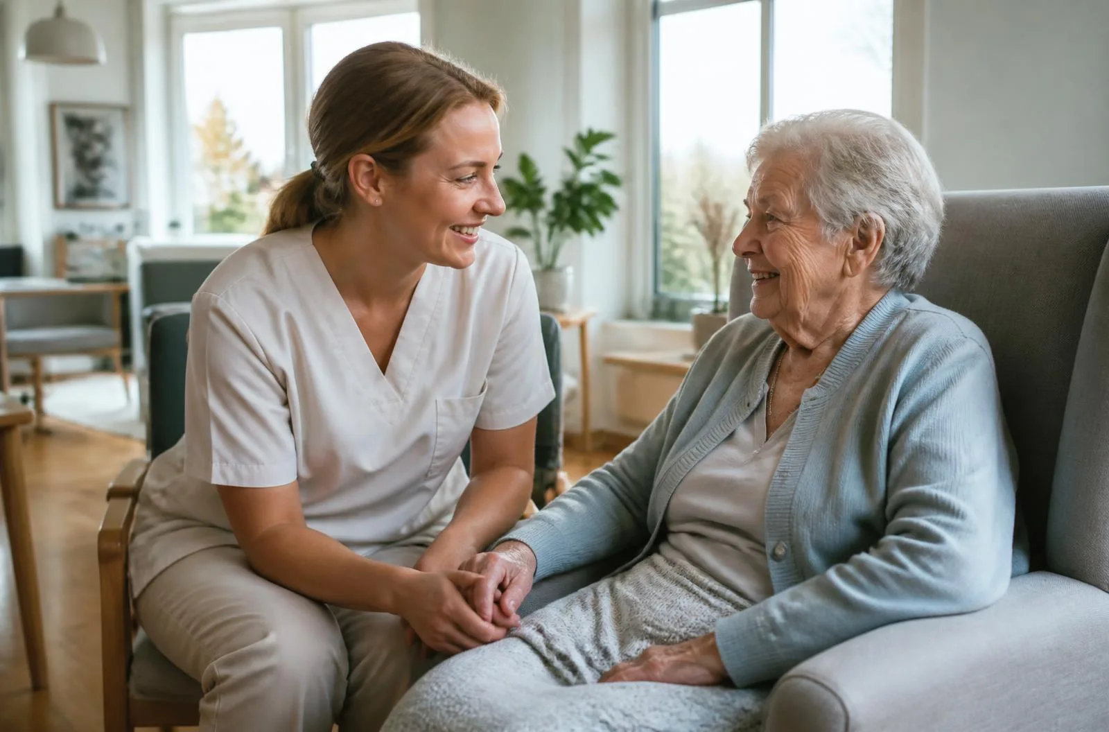 A nurse talking with a resident in a care home living room